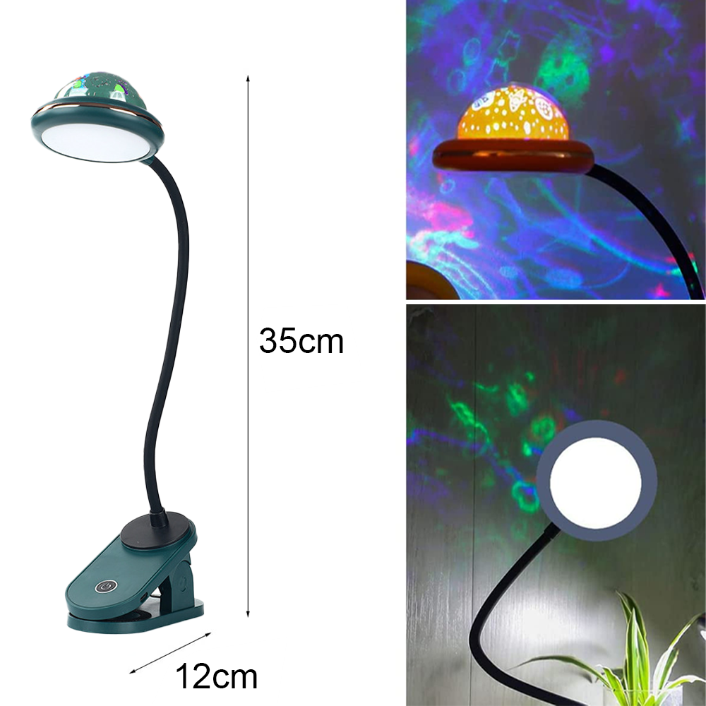 Eine grüne Schreibtischlampe mit flexiblem Hals und Clipfuß. Der Lampenkopf hat eine kleine UFO-Form und wirft farbenfrohe Lichtmuster.
