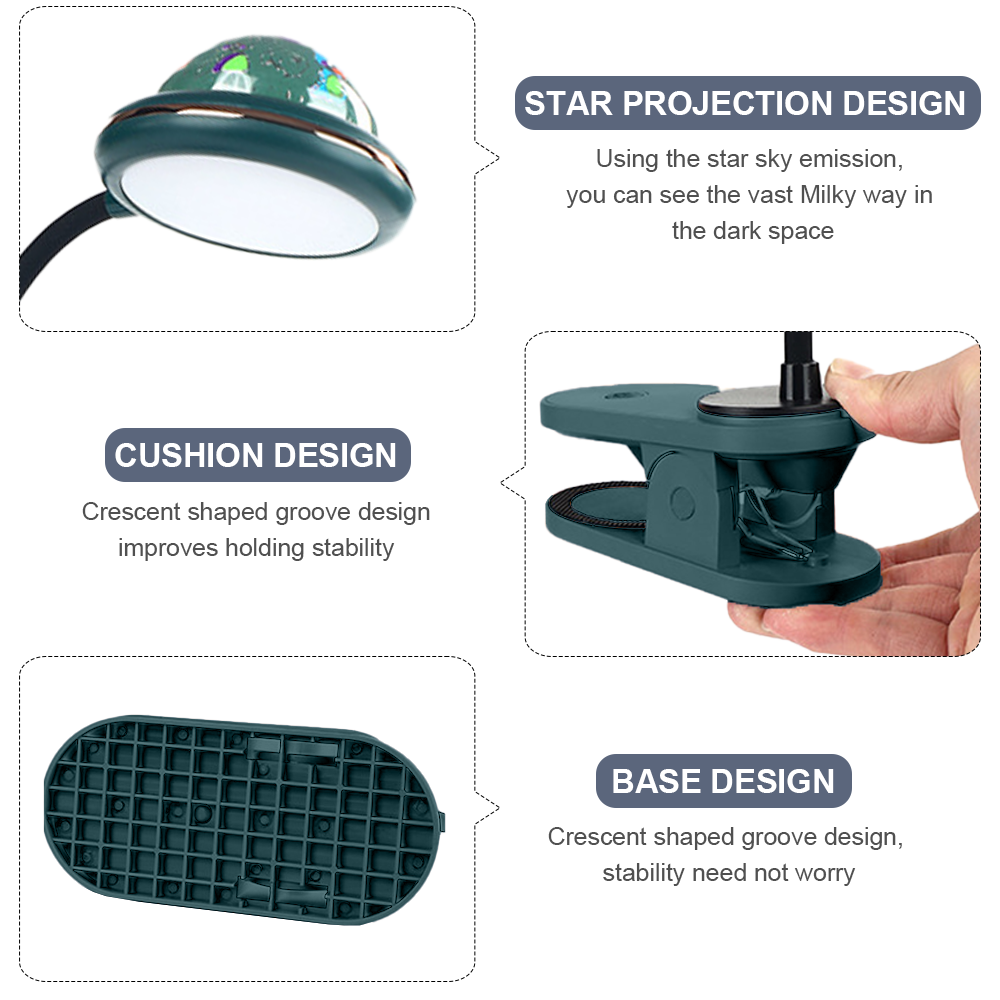 Eine dunkelgrüne Schreibtischlampe mit Sternprojektionsfunktion. Sockel und Klemme sind sichtbar. Details zu Kissen- und Basisdesign sind ebenfalls enthalten.