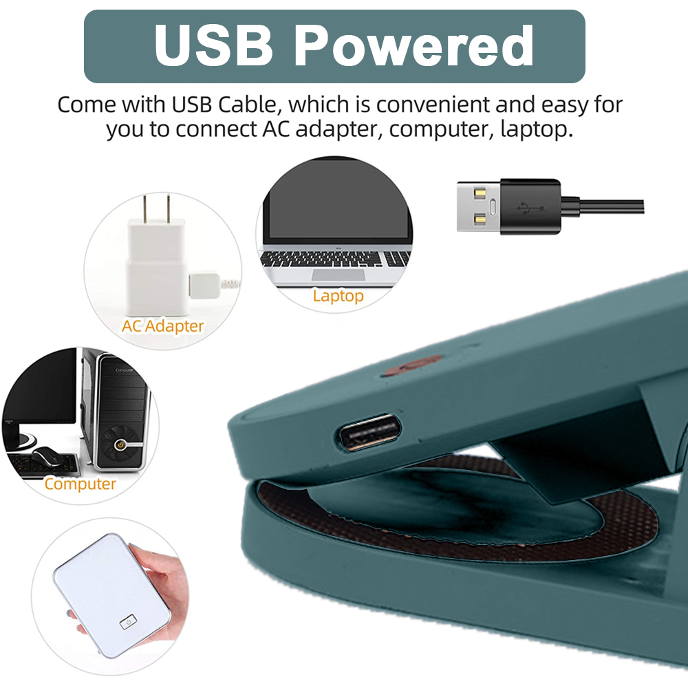 Das Bild zeigt ein USB-betriebenes Gerät mit Beispielen: AC-Adapter, Laptop, Computer und ein USB-Kabel. Das Gerät ist blaugrün.