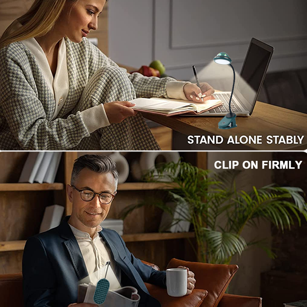 Eine Frau schreibt, beleuchtet von einer Clip-on-Lampe. Ein Mann liest und hält eine ähnliche Lampe. Text: 'Stand alone stably'.