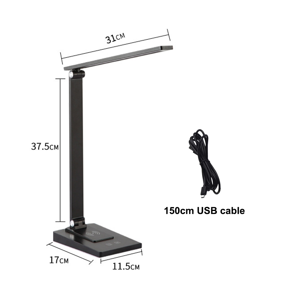 Schwarze Schreibtischlampe mit Maßangaben. Inklusive 150 cm USB-Kabel. Der Arm der Lampe ist verstellbar.