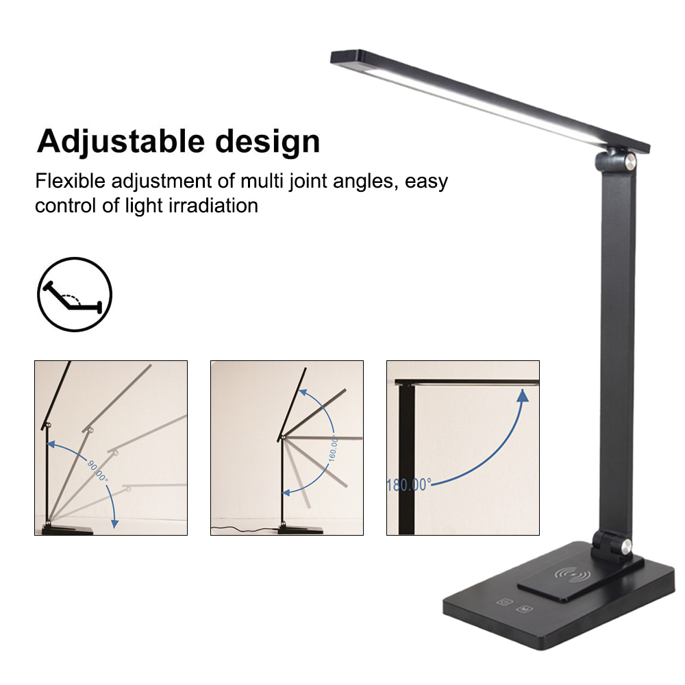 Schwarze Schreibtischlampe mit verstellbarem Arm und Kopf. Basis hat kabelloses Ladesymbol. Text: Einstellbares Design.