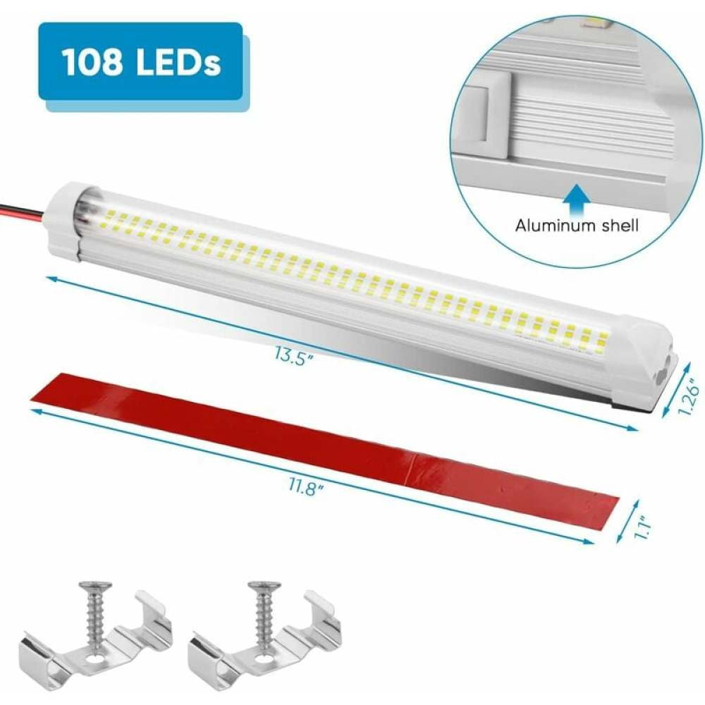 Eine weiße LED-Lichtleiste mit 108 LEDs, einem Klebestreifen und Halteclips sind abgebildet. Eine Detailansicht zeigt das Aluminiumgehäuse.