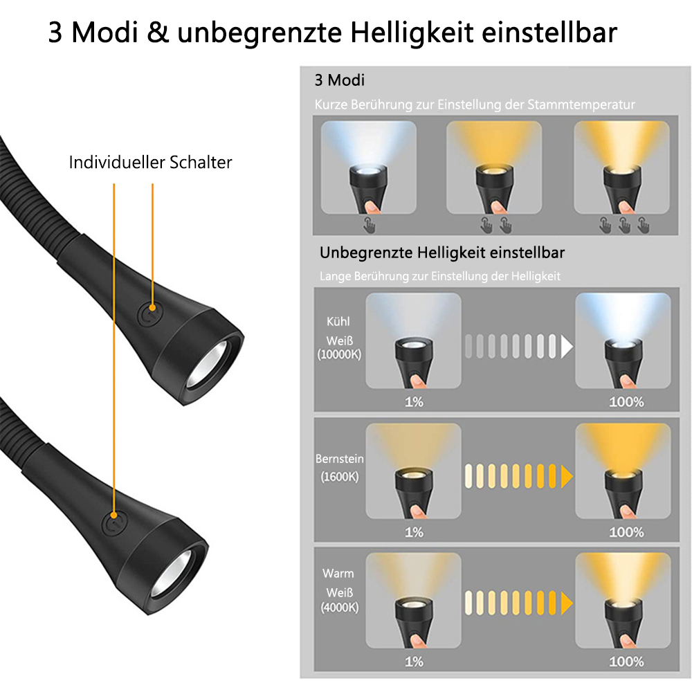Das Bild zeigt eine Lampe mit einstellbaren Modi und Helligkeit. Enthält Diagramme zur Einstellung von Lichttemperatur und Intensität.