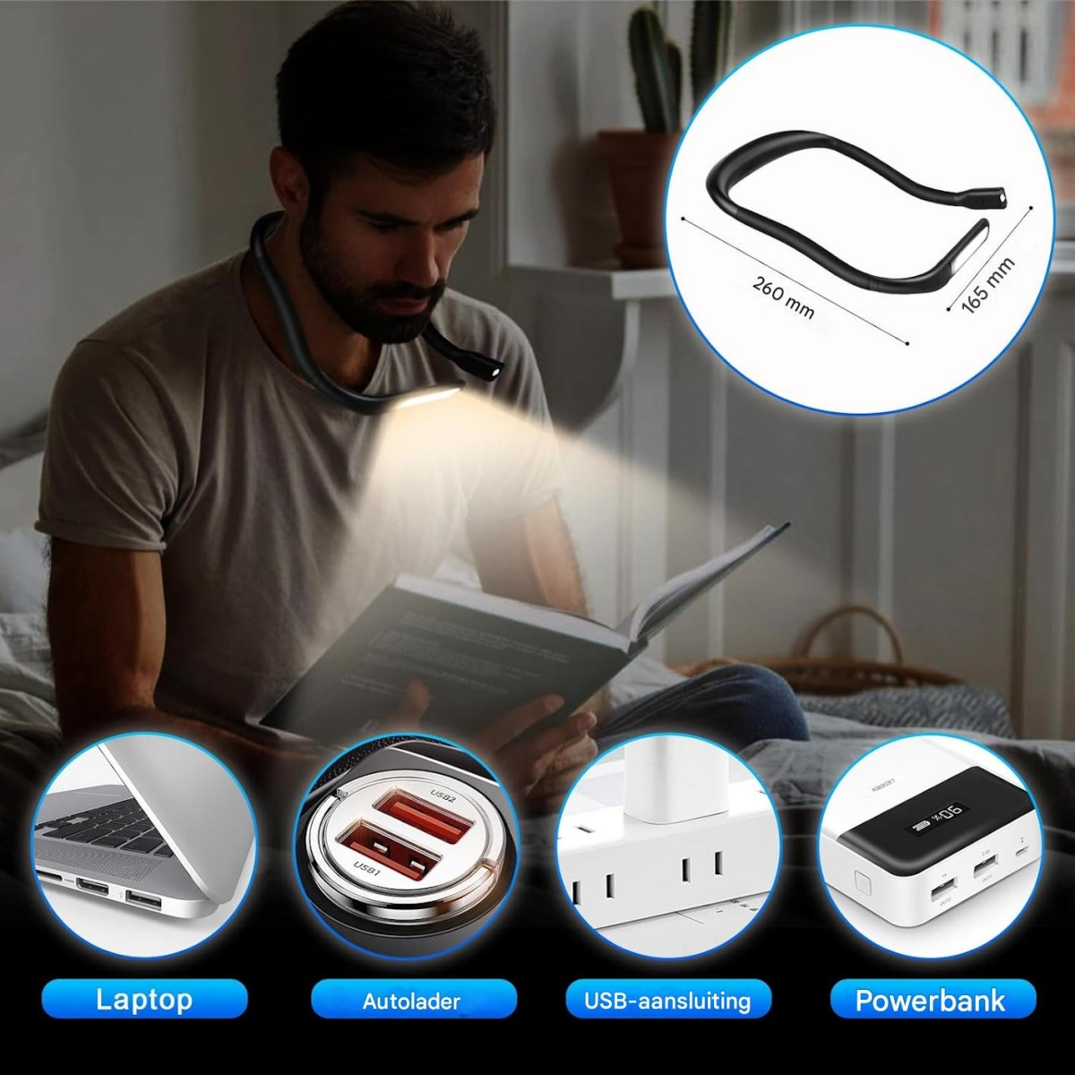Mann liest unter einer Nackenleuchte. Laptop, Autoladegerät, Steckdosenleiste und Powerbank sind abgebildet. Die Lichtmaße werden auch angezeigt.