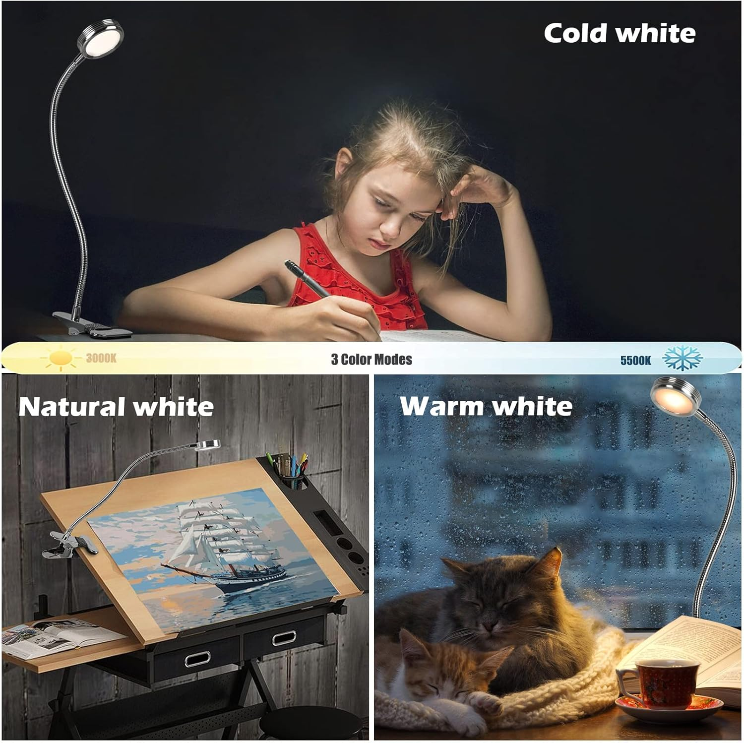 Das Bild zeigt ein Mädchen, das unter einer Lampe schreibt, einen Malaufbau und schlafende Katzen. Die Lampe hat drei Farbmodi: kalt, natürlich und warmweiß.