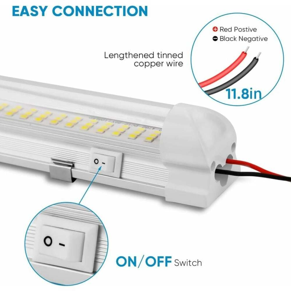 Nahaufnahme einer Leuchte mit Ein-/Ausschalter. Rote und schwarze Drähte sind angeschlossen. Textbeschriftungen: Easy Connection, ON/OFF Switch.