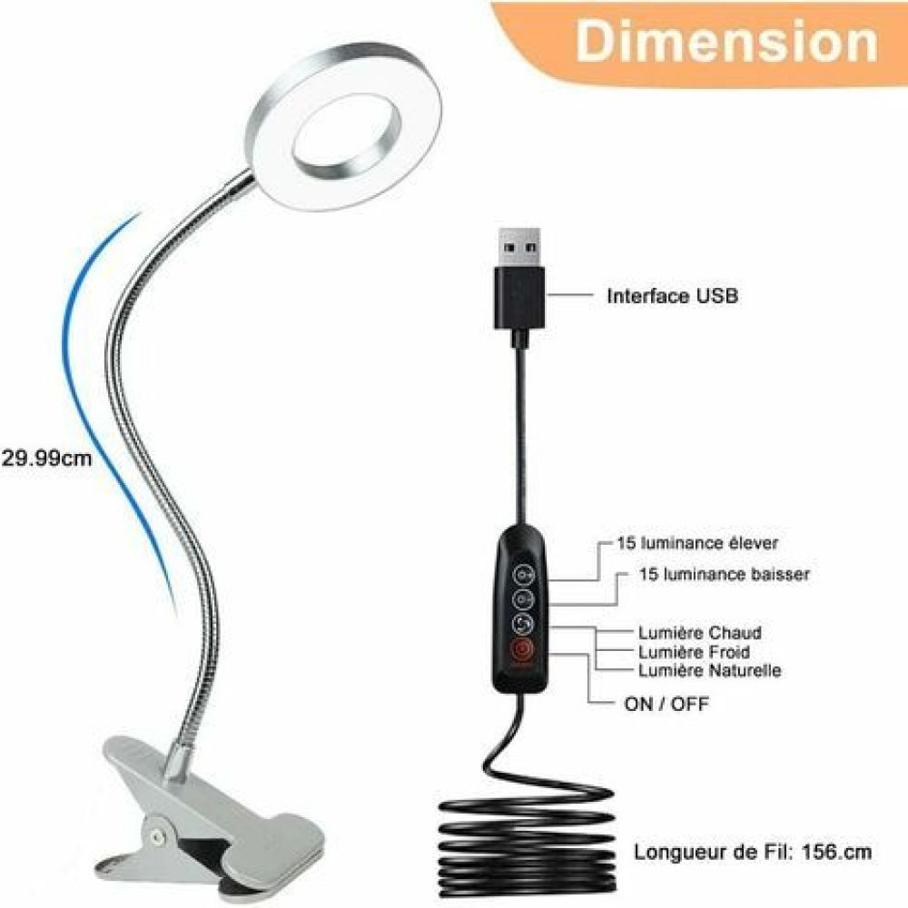 Eine flexible Schreibtischlampe mit rundem Leuchtkopf, USB-Schnittstelle und Bedienfeld zur Helligkeits- und Farbanpassung.