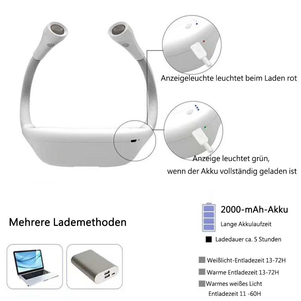 Weiße Nackenleuchte mit flexiblen Armen und zwei Lampen. Details zu Ladeanzeigen, mehreren Lademethoden und Akkuspezifikationen werden gezeigt.