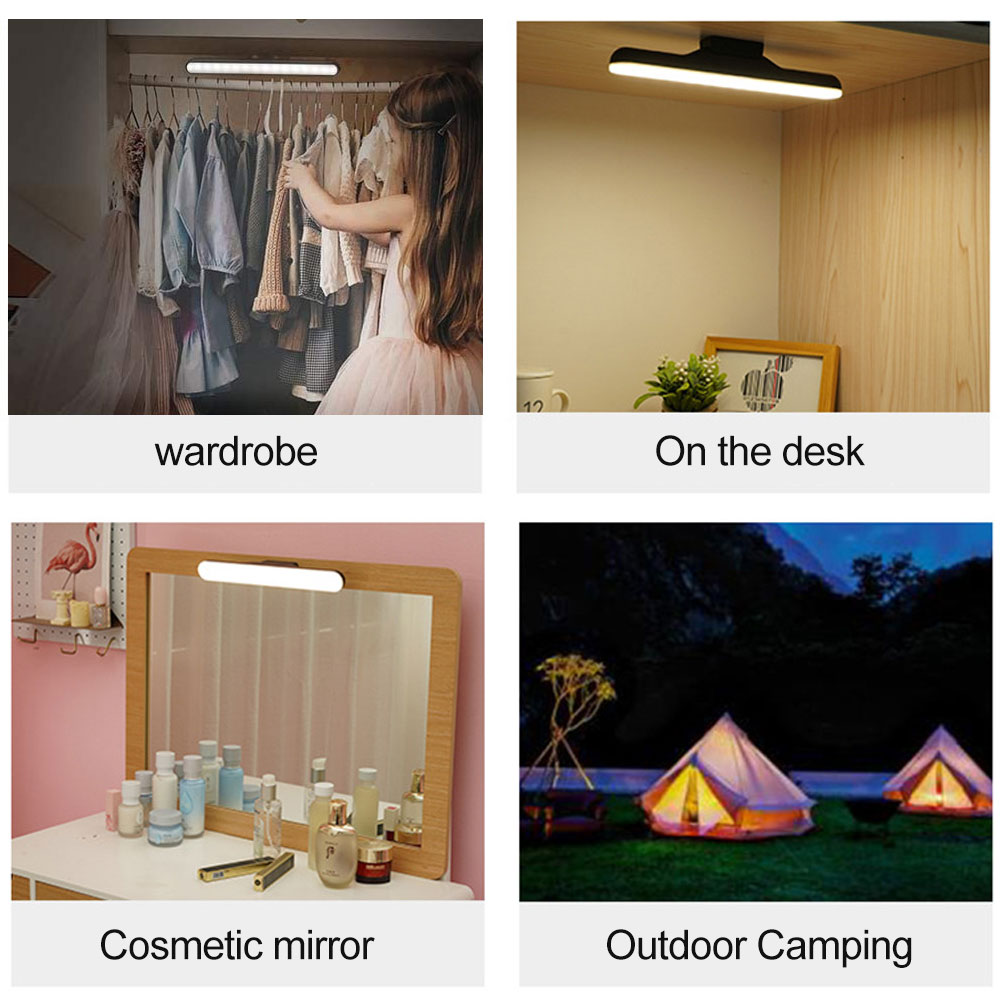 Ein Mädchen in einem Kleiderschrank, eine Lampe ist oben. Auf einem Schreibtisch ist eine Lampe an. Ein Kosmetikspiegel mit Lampe. Campingzelte mit Lampe.