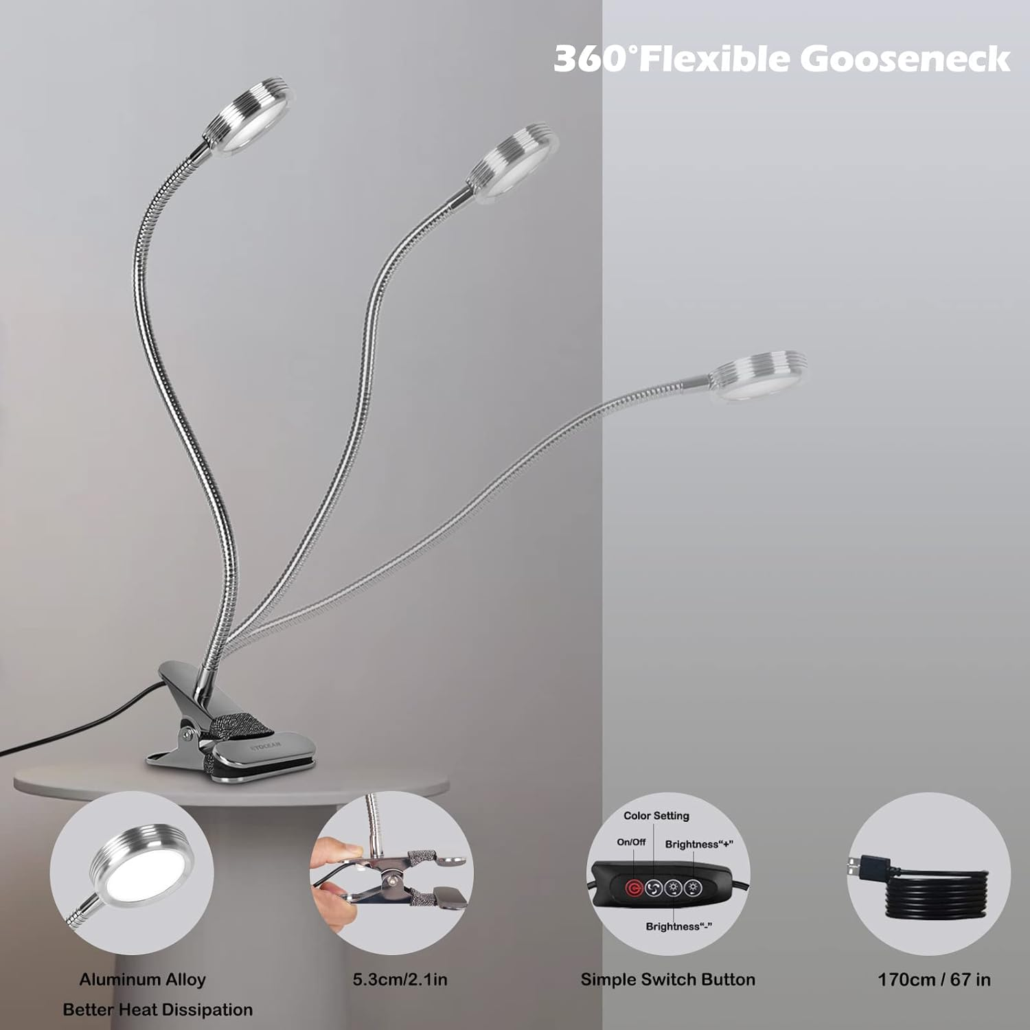 Eine flexible LED-Schreibtischlampe mit drei Leuchten. Verfügt über einen Clipfuß, einstellbare Helligkeit und einen einfachen Schalter.