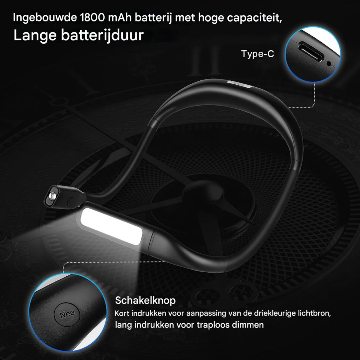 Schwarze Nackenleuchte mit Text. Merkmale sind: Typ-C-Anschluss, Schaltertaste und helle LED. Text: Lange Akkulaufzeit, 1800 mAh.