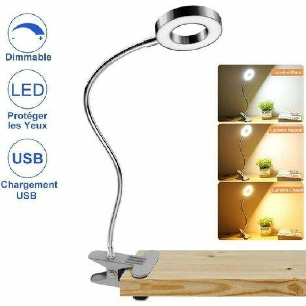 Eine flexible LED-Schreibtischlampe mit Clip. Sie verfügt über dimmbare Einstellungen, USB-Aufladung und schont die Augen. Drei Lichteinstellungen werden angezeigt.