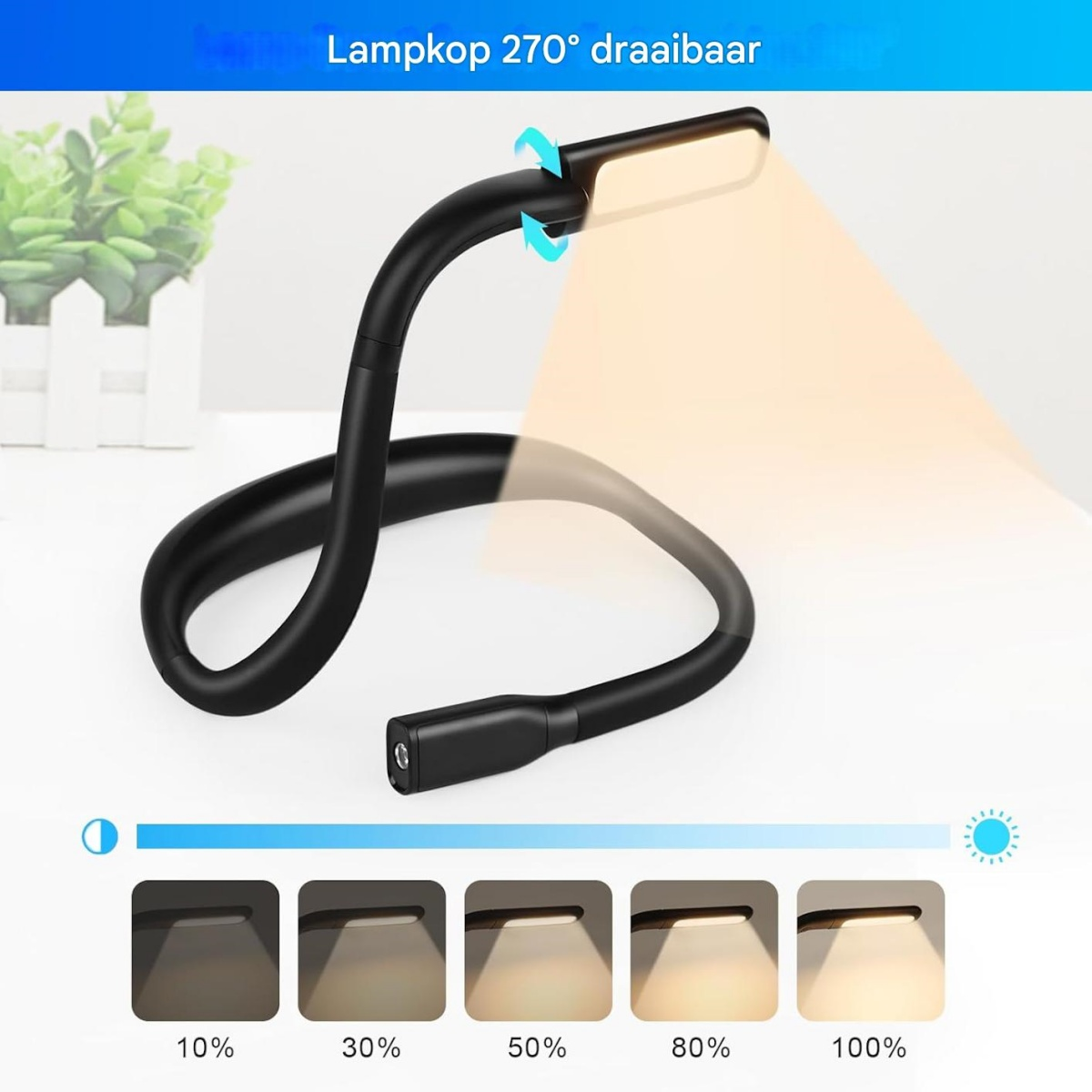 Eine flexible schwarze LED-Schreibtischlampe mit einstellbaren Helligkeitseinstellungen. Die Lampe ist an und beleuchtet eine weiße Oberfläche.