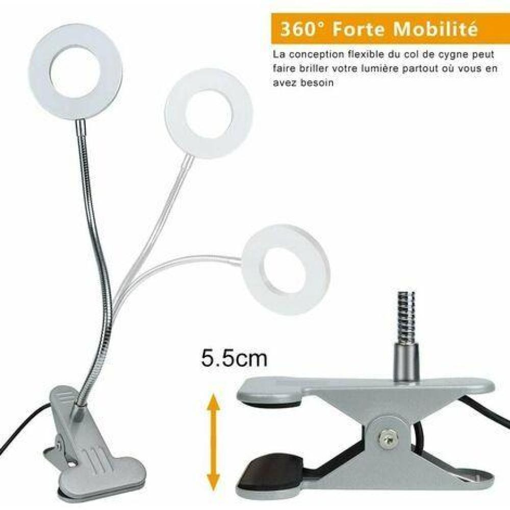 Eine flexible Ringlampe mit drei Lichtköpfen, einer Klemmbasis und einem Maß von 5,5 cm. Der Text lautet '360° Forte Mobilité'.
