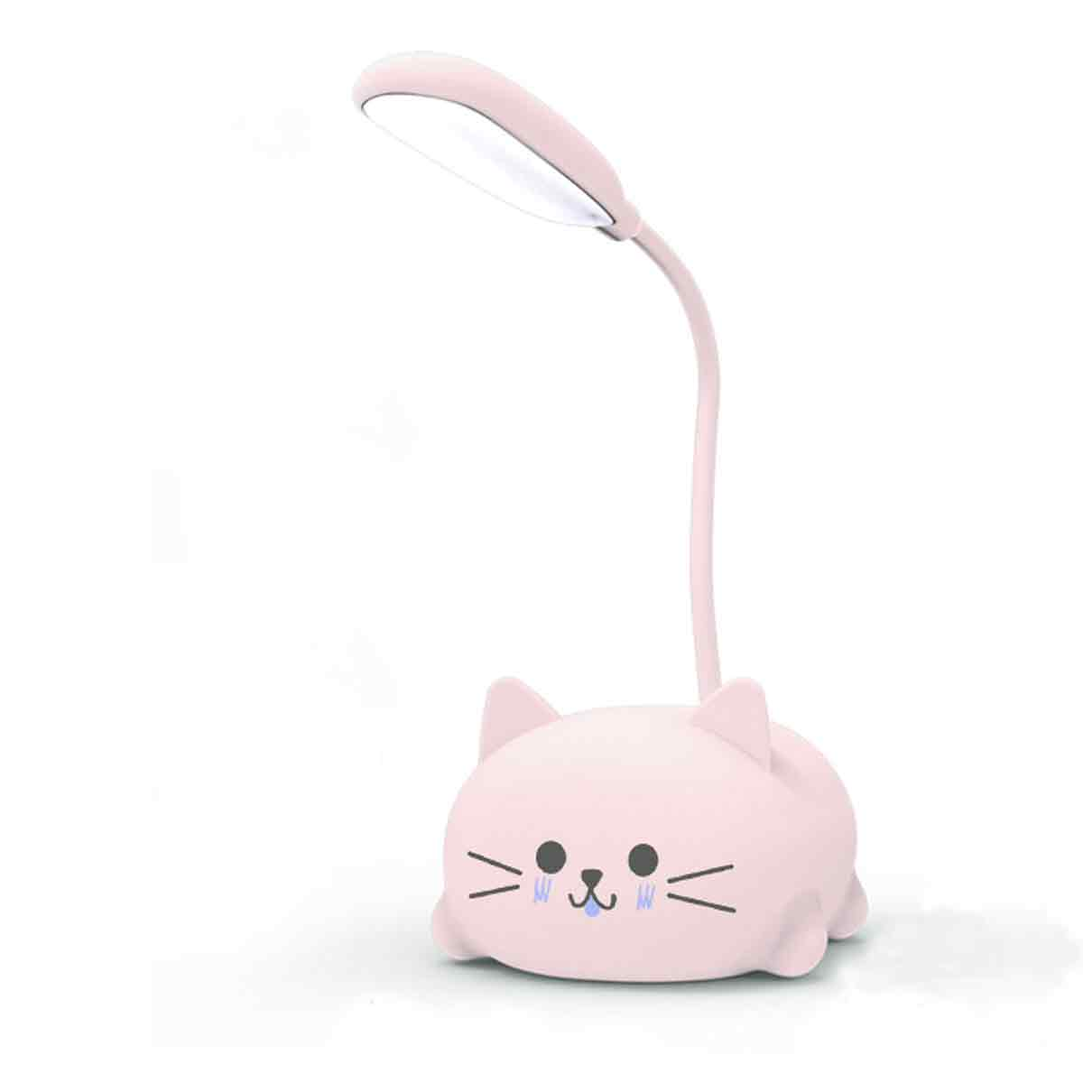 Eine rosa katzenförmige Schreibtischlampe mit flexiblem Hals und hellem LED-Licht.