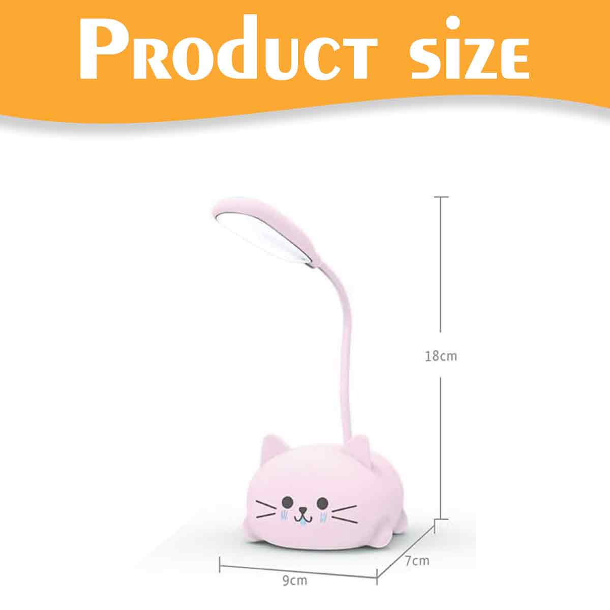 Rosafarbene Schreibtischlampe in Katzenform. Sie hat einen flexiblen Hals und ein Licht oben. Maße: 18 cm hoch, 9 cm breit und 7 cm tief.