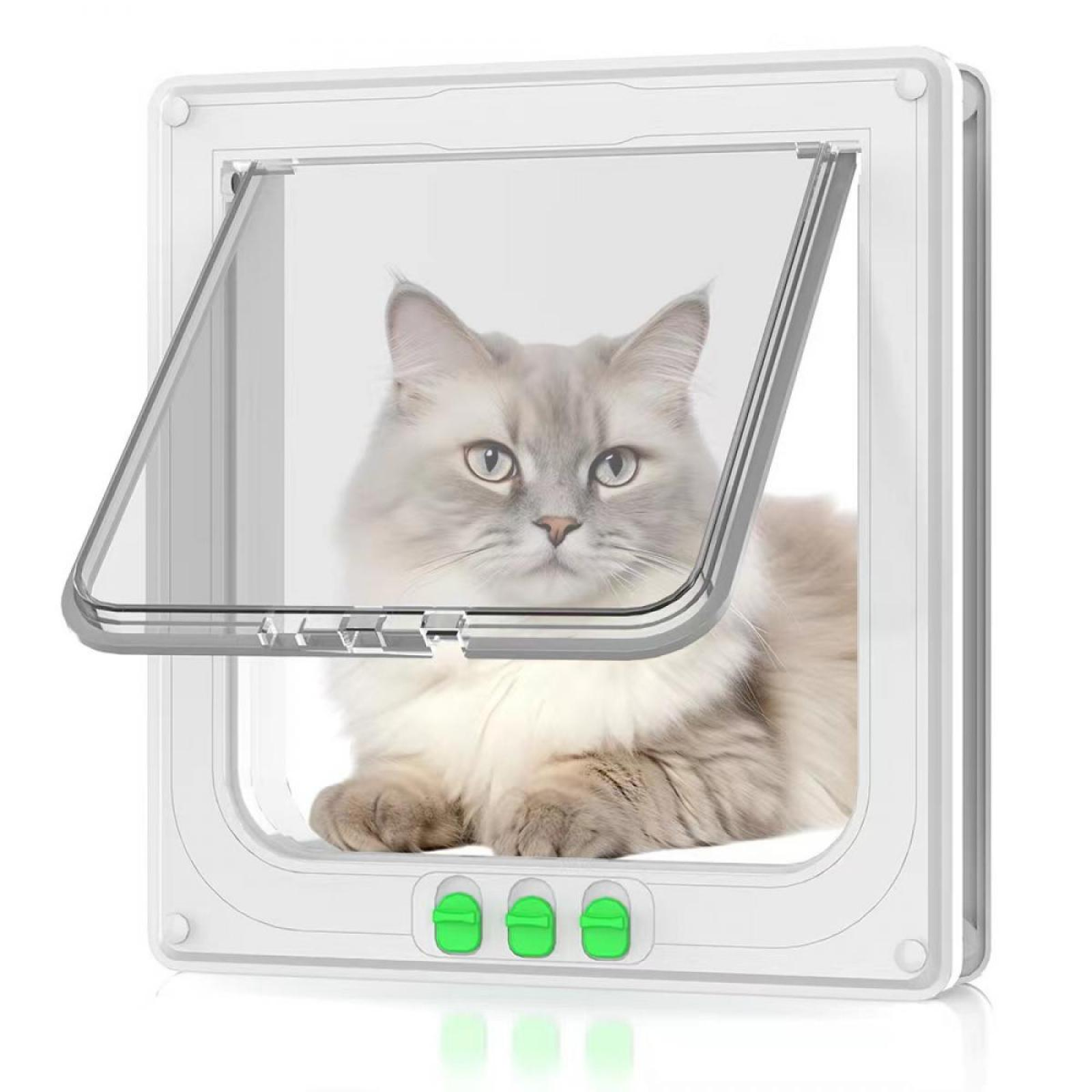 Eine flauschige Katze in einer weißen Haustiertür. Die Tür hat eine transparente Klappe und grüne Knöpfe.