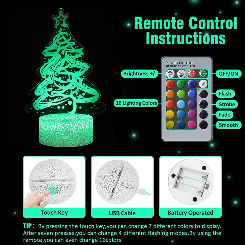 Eine leuchtende Weihnachtsbaum-Lampe mit Fernbedienung, Farboptionen und Sockel mit Touch-Taste und USB-Kabel.