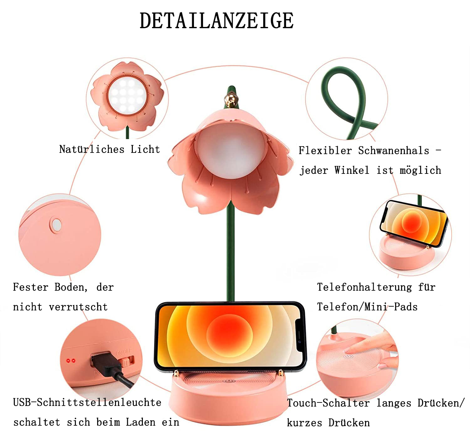 Eine rosa Schreibtischlampe mit blütenförmigem Kopf und Handyhalter. Merkmale sind ein Touch-Schalter, USB-Anschluss und flexibler Hals.