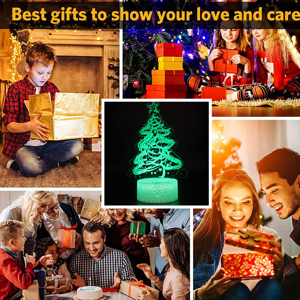 Eine Collage, die Geschenkübergabeszenen zeigt: ein Kind mit Geschenken, Kinder mit Geschenken, eine Familie am Tisch und Paare mit Geschenken.