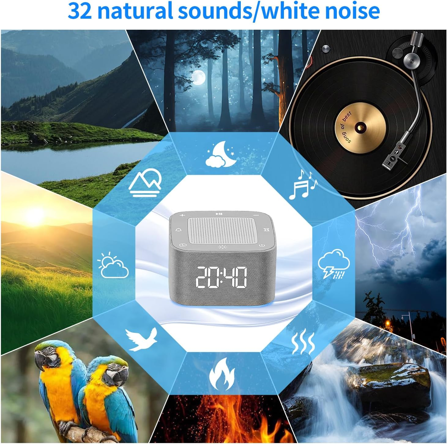 Ein graues Tongerät mit Digitaluhr ist von Naturaufnahmen umgeben: Berge, Wald, Vögel und ein Plattenspieler.