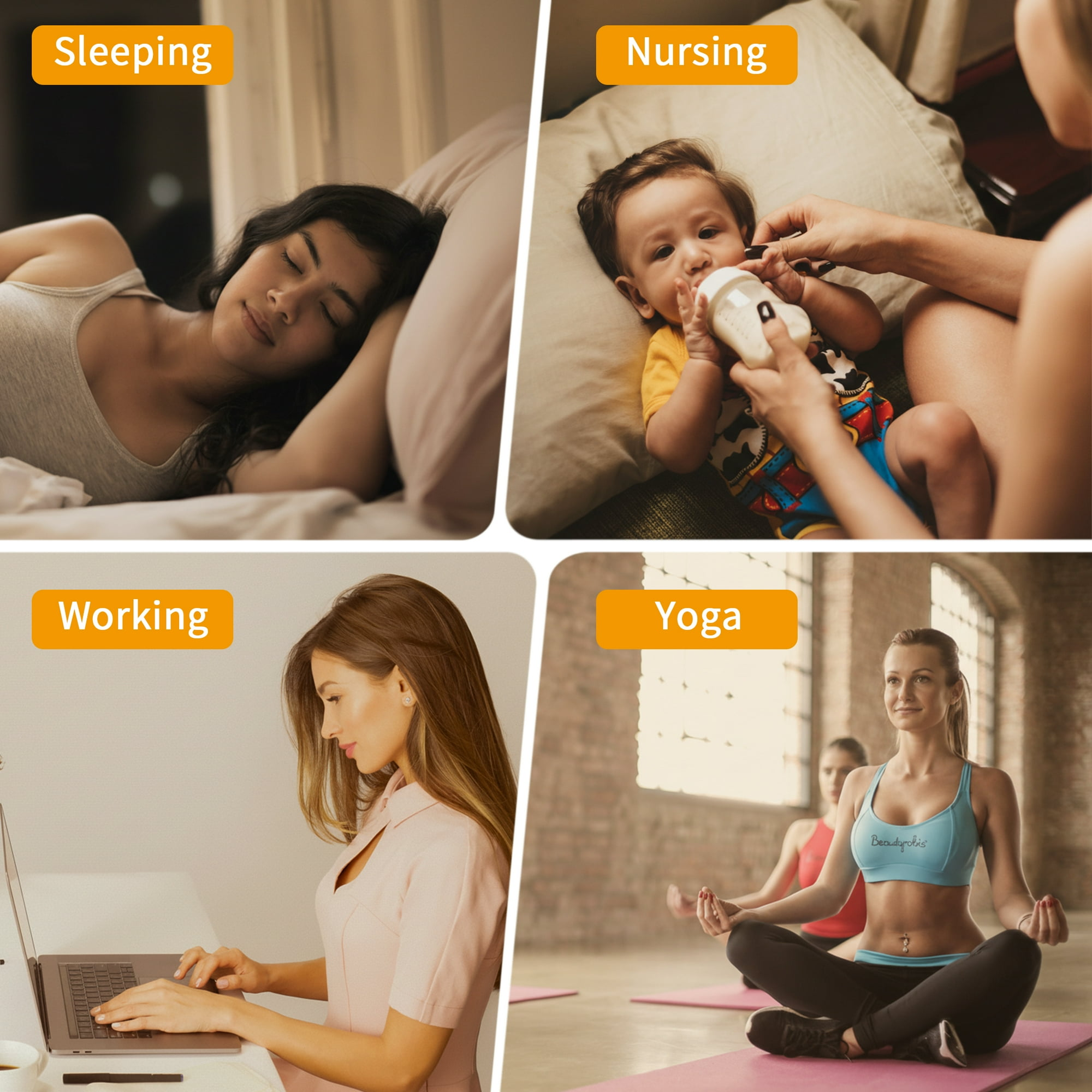 Eine Frau schläft im Bett. Ein Baby wird gestillt. Eine Frau arbeitet an einem Laptop. Leute machen Yoga auf Matten.