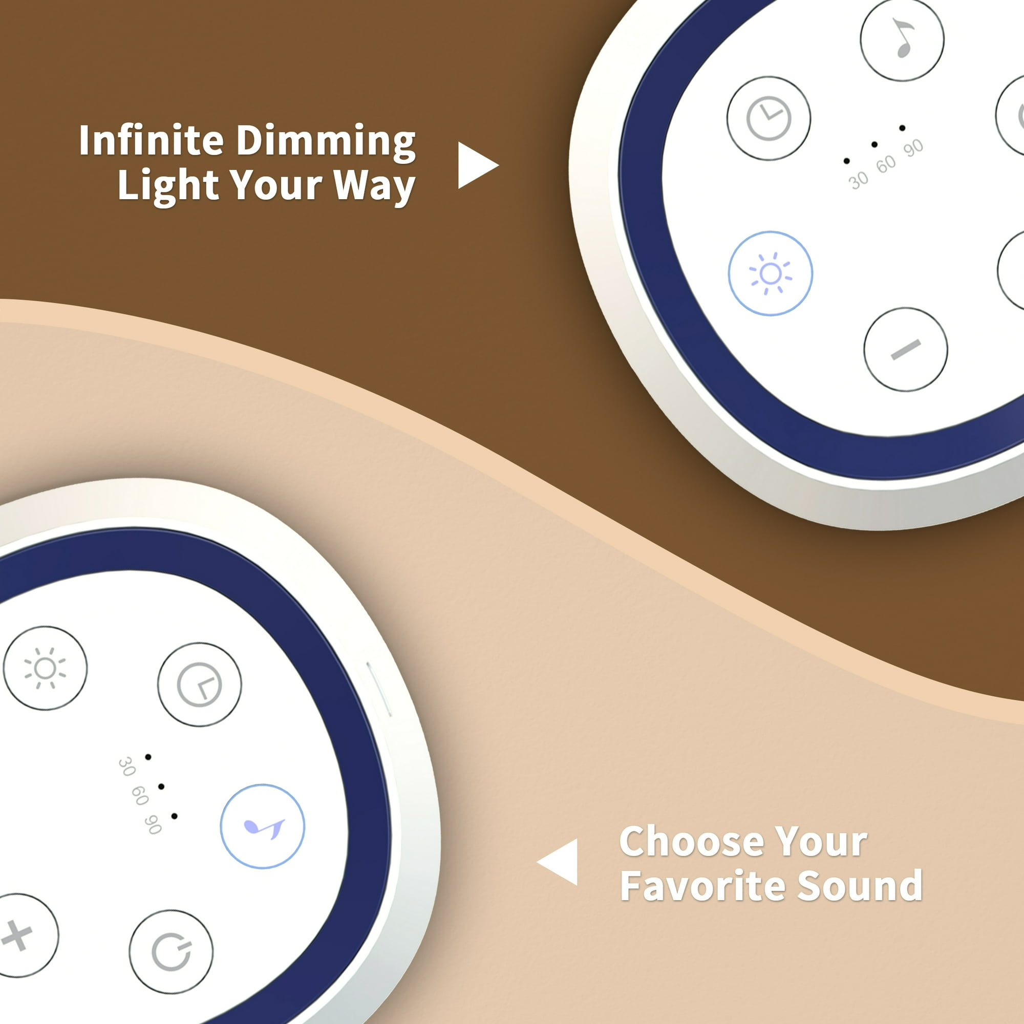 Zwei weiße kreisförmige Geräte mit Knöpfen. Text: Infinite Dimming Light Your Way. Choose Your Favorite Sound.
