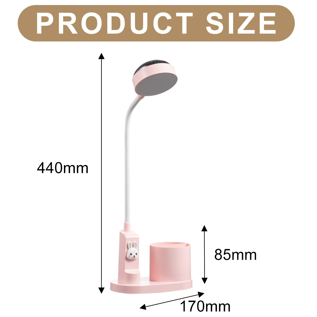 Eine rosa Schreibtischlampe mit Abmessungen. Die Lampe hat einen runden Kopf, einen flexiblen Arm und eine Basis mit einem Stifthalter und einem Hasen.
