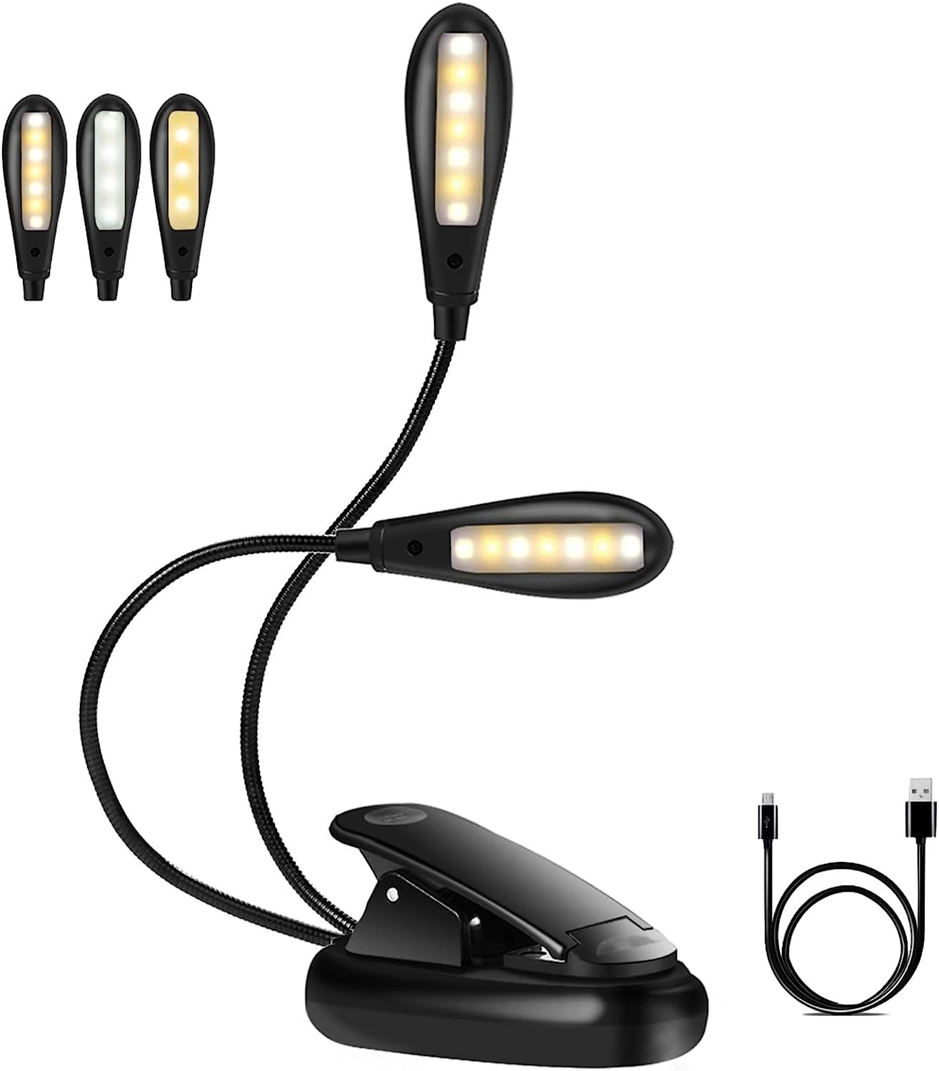 Schwarze LED-Leselampe mit zwei flexiblen Schwanenhalsarmen, Clipfuß und USB-Kabel. Mehrere Leuchtköpfe werden angezeigt.