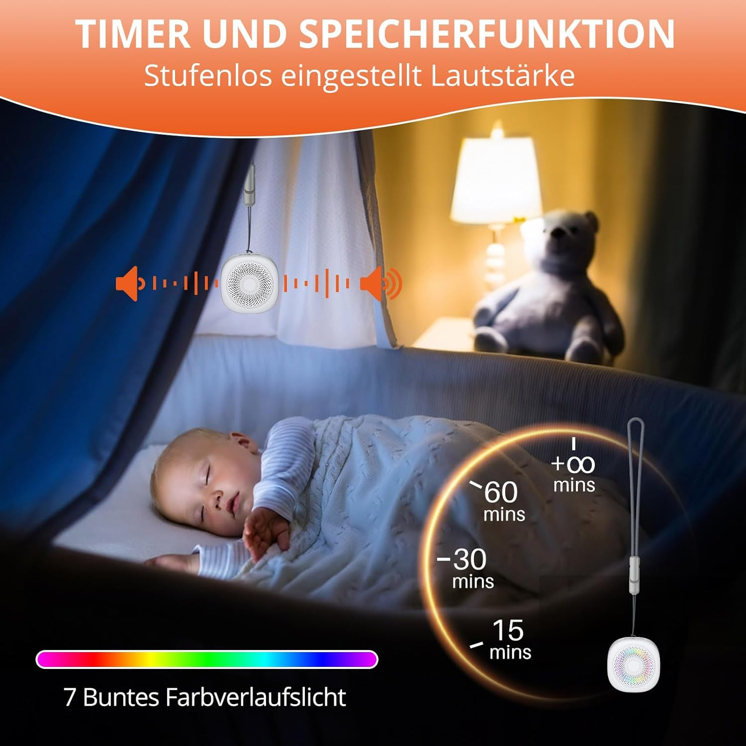 Ein Baby schläft in einem Kinderbett. Eine Geräuschmaschine mit Timereinstellungen wird gezeigt. Ein Teddybär und eine Lampe sind im Hintergrund.