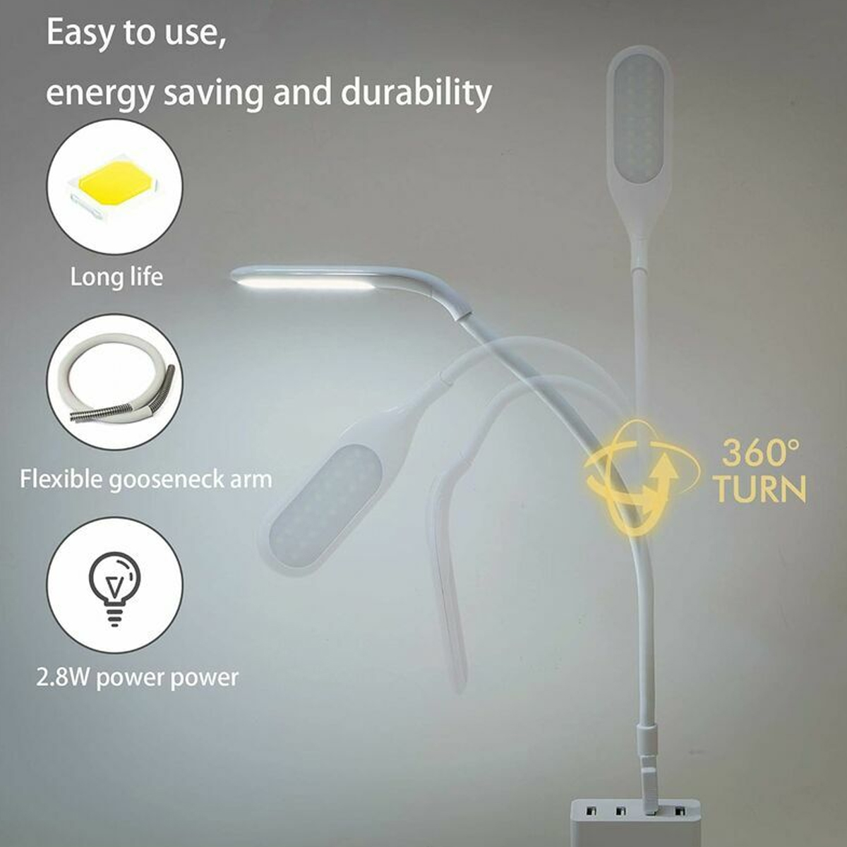 Weiße LED-Schreibtischlampe mit Schwanenhals. Merkmale sind 360-Grad-Drehung, 2,8 W Leistung und Energiesparen.
