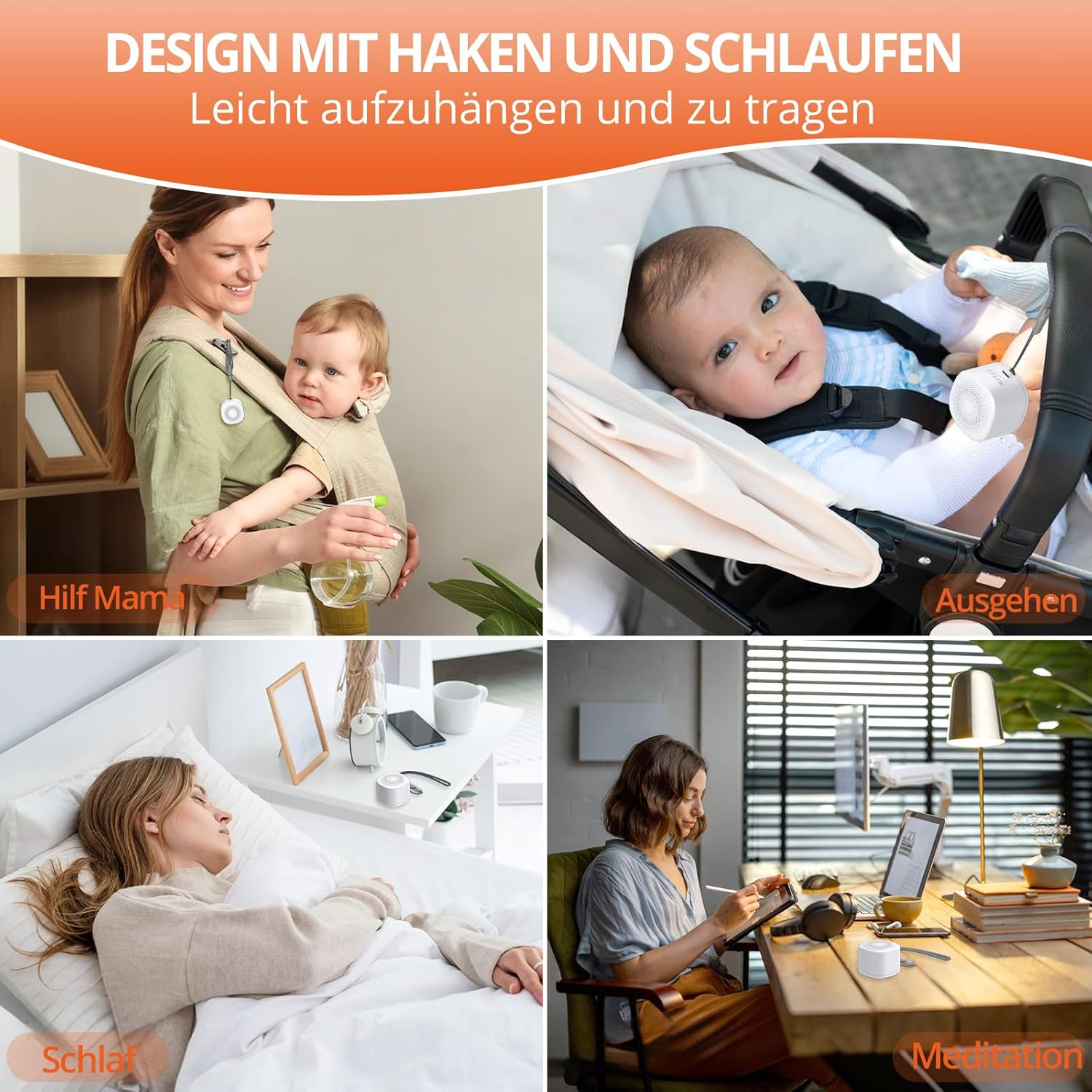 Das Bild zeigt vier Szenen: Mutter mit Baby, Baby im Kinderwagen, schlafende Frau und meditierende Frau am Schreibtisch. Jede Szene hat ein Produkt.
