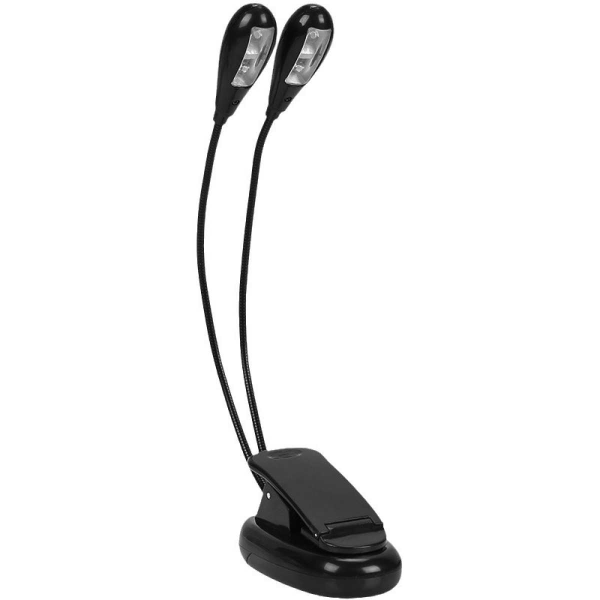 Eine schwarze Leseleuchte zum Anklemmen. Sie hat zwei flexible Arme mit LED-Leuchten oben. Die Basis ist ein Clip zum Befestigen.