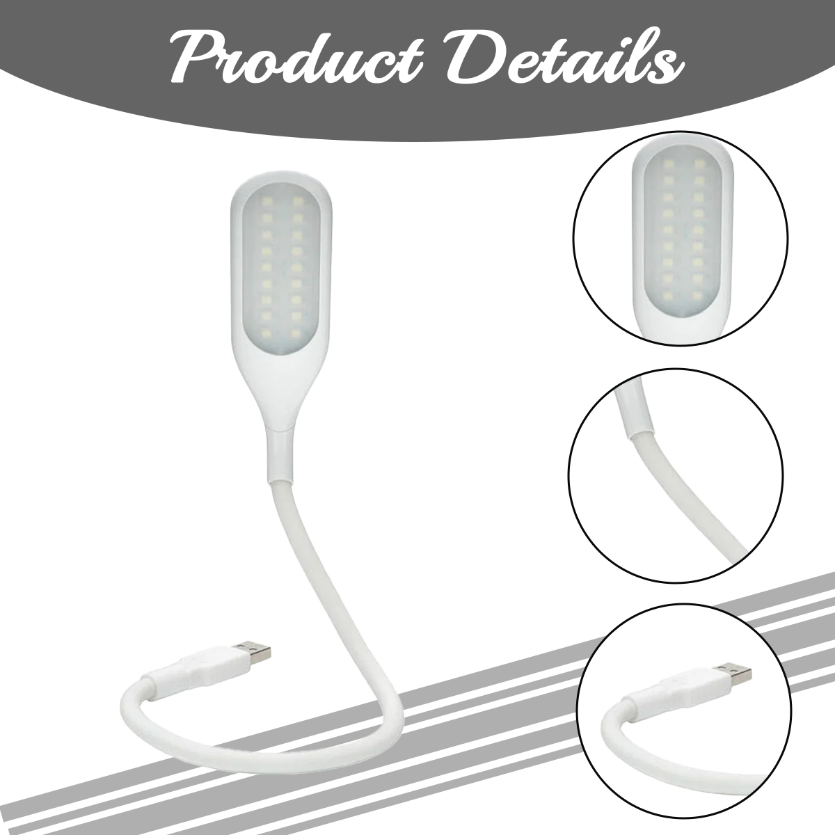 Eine weiße LED-Lampe mit flexiblem Hals und USB-Anschluss. Es werden auch mehrere Detailaufnahmen gezeigt. Der Hintergrund ist weiß.