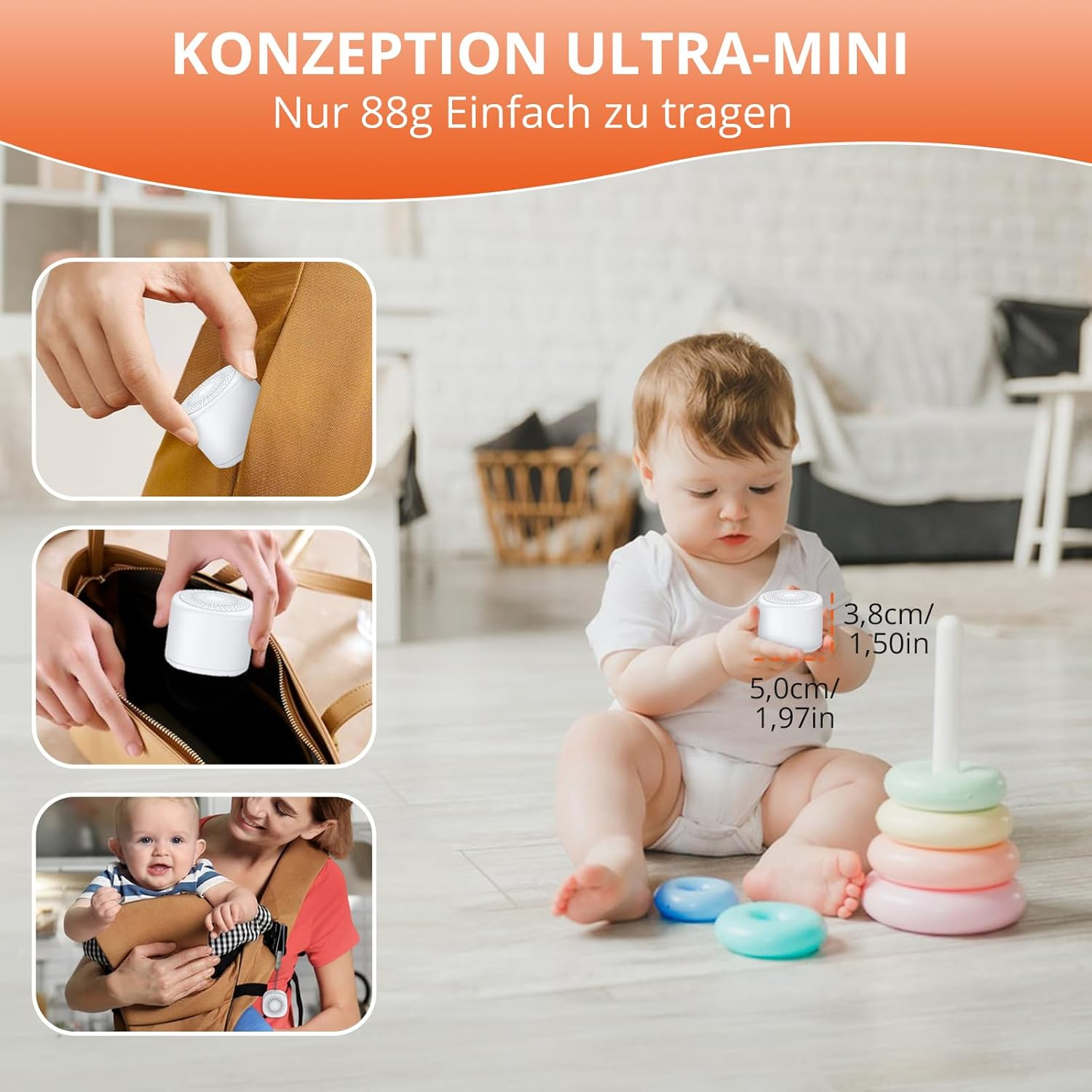 Das Bild zeigt ein Baby mit einem kleinen weißen Gerät. Es zeigt auch das Gerät in einer Tasche und in einer Babytrage. Text: Ultra-Mini.