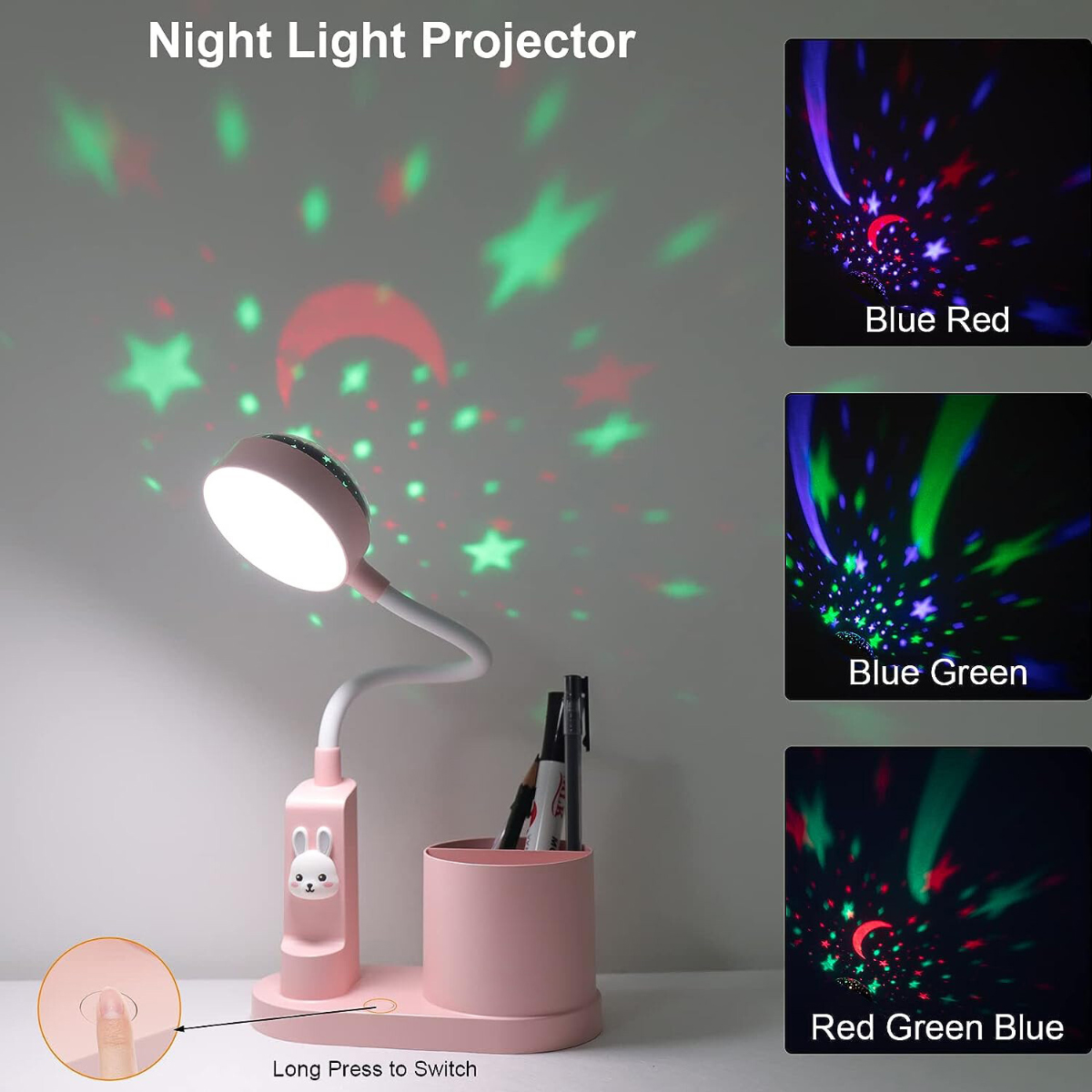 Pinkfarbener Nachtlichtprojektor, der Sterne und Mond projiziert. Enthält Stifthalter, Touch-Schalter und drei Lichtmodi.