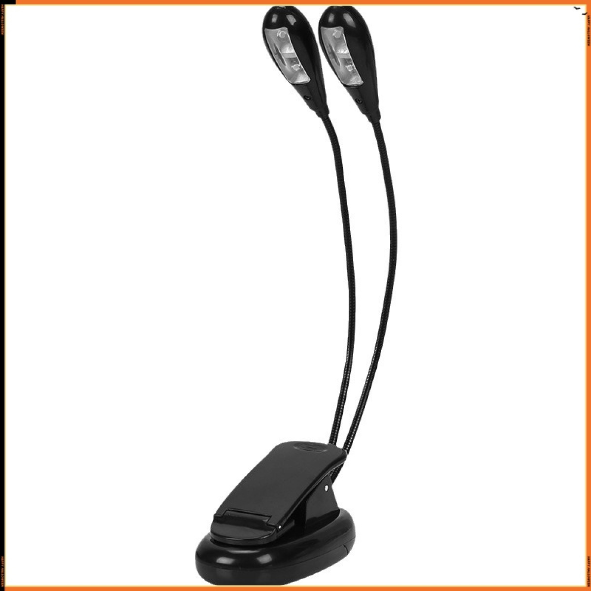 Eine schwarze LED-Buchlampe zum Anklemmen mit zwei verstellbaren Köpfen. Sie hat einen Clip-Sockel und flexible Hälse.