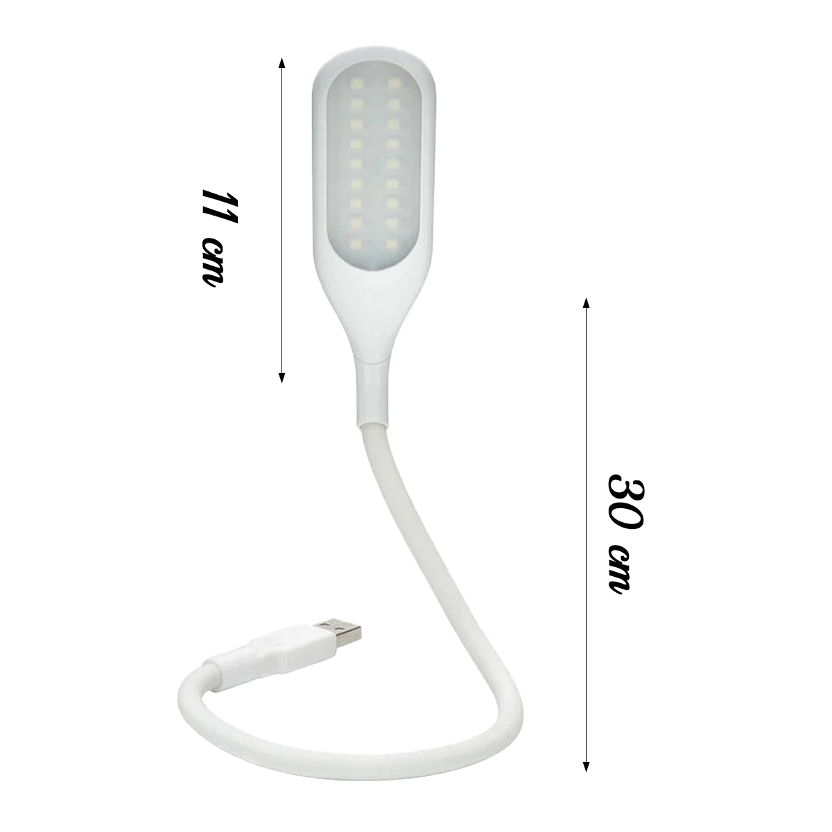 Eine weiße LED-USB-Lampe. Sie hat einen flexiblen Hals und einen USB-Anschluss. Abmessungen von 11 cm x 30 cm sind mit Pfeilen angegeben.