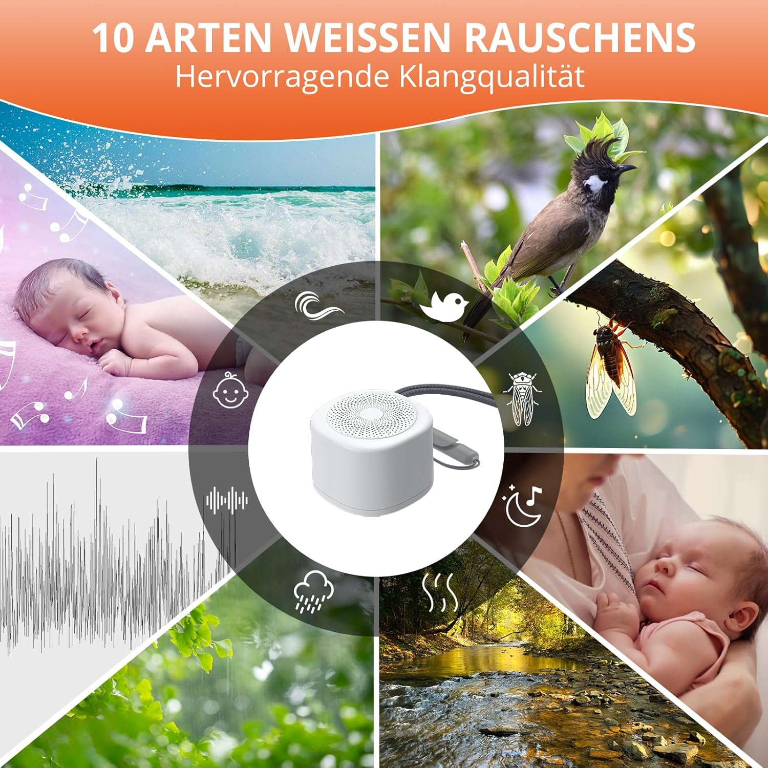 Collage von Bildern: schlafendes Baby, Wellen, Vogel, Zikade, gehaltenes Baby, Bach, Schallwellen, Regen und ein Weißgeräuschgerät.