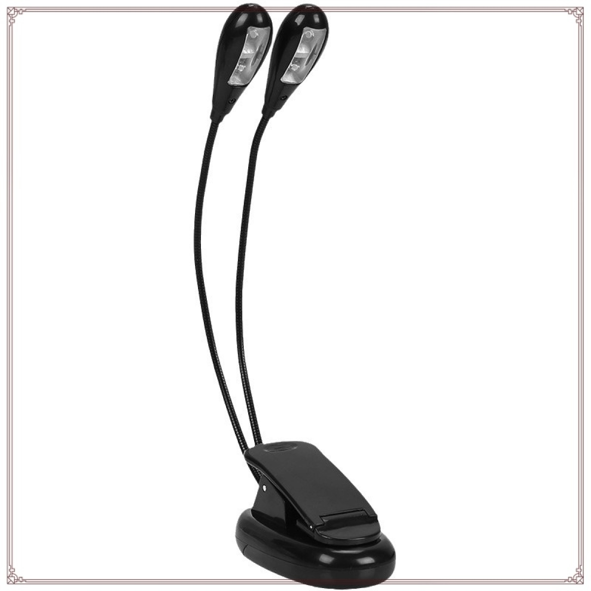 Eine schwarze Leseleuchte zum Anklemmen mit zwei verstellbaren Köpfen. Die Basis ist ein Clip. Die Köpfe sind oval mit einem Licht darin.