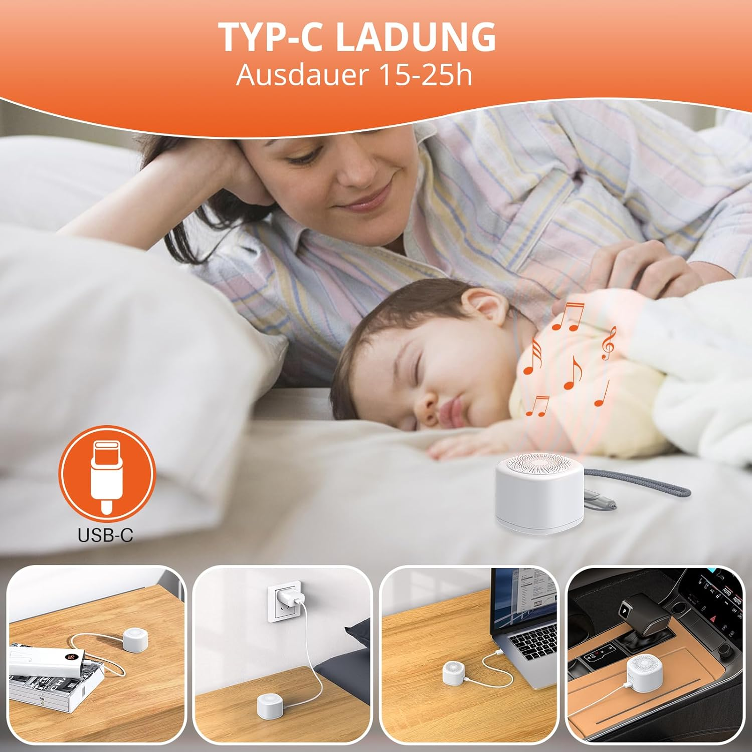 Eine Frau und ein Baby liegen im Bett. Ein Lautsprecher spielt Musik. USB-C-Aufladung wird gezeigt. Vier verschiedene Ladeszenarien werden angezeigt.