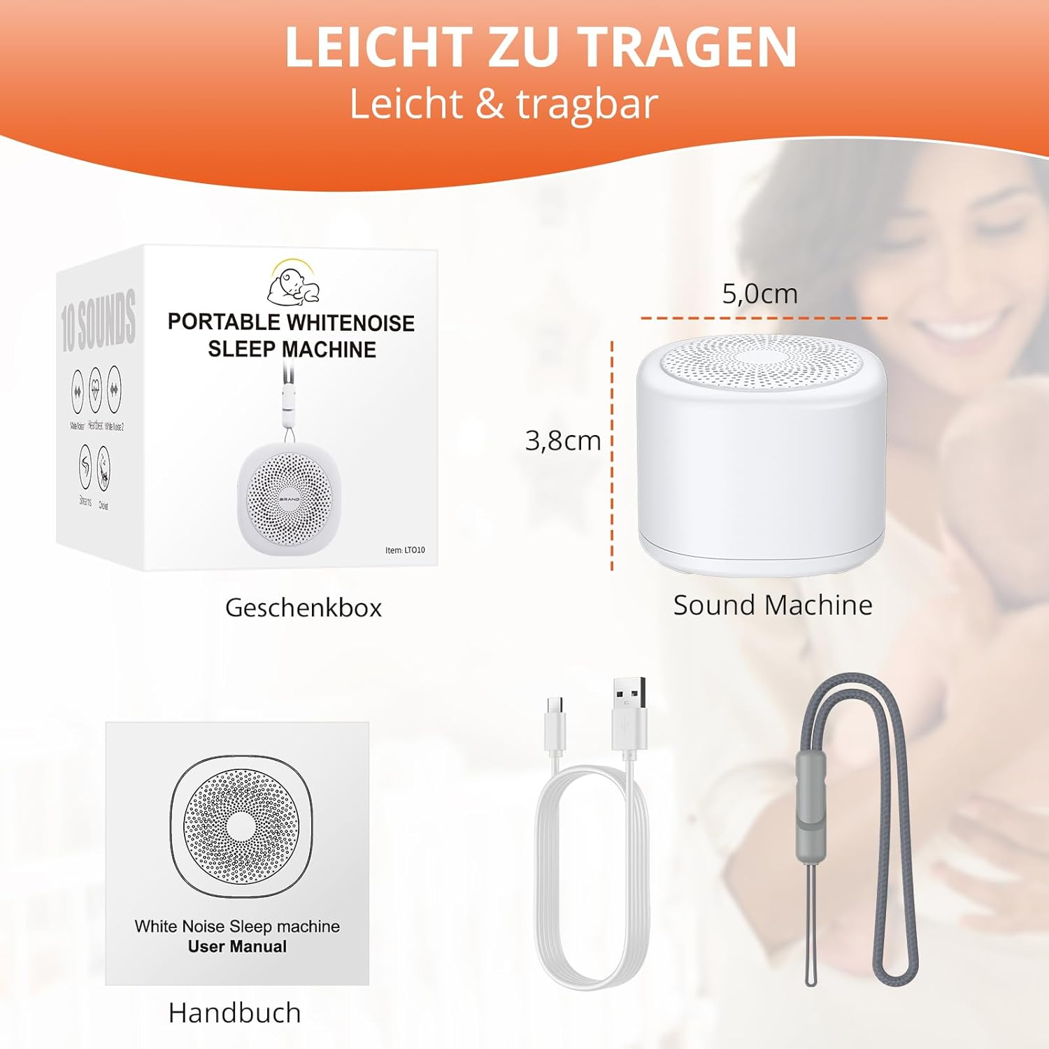 Das Bild zeigt eine Weißgeräusch-Schlafmaschine, ihre Schachtel, Bedienungsanleitung, Ladekabel und einen Gurt. Es enthält Abmessungen und eine Person.
