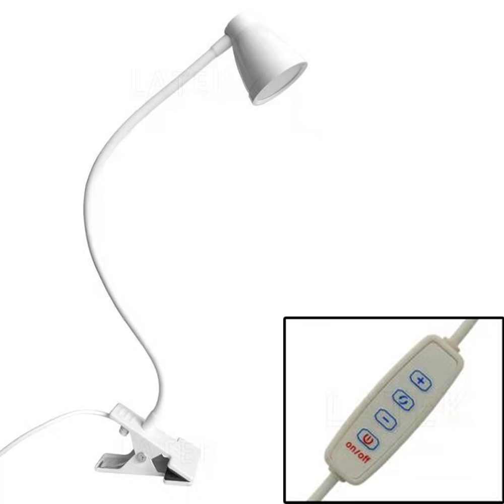 Eine weiße Schreibtischlampe mit flexiblem Hals und Clipfuß. Enthält einen Ein-/Ausschalter und Helligkeitsregler.