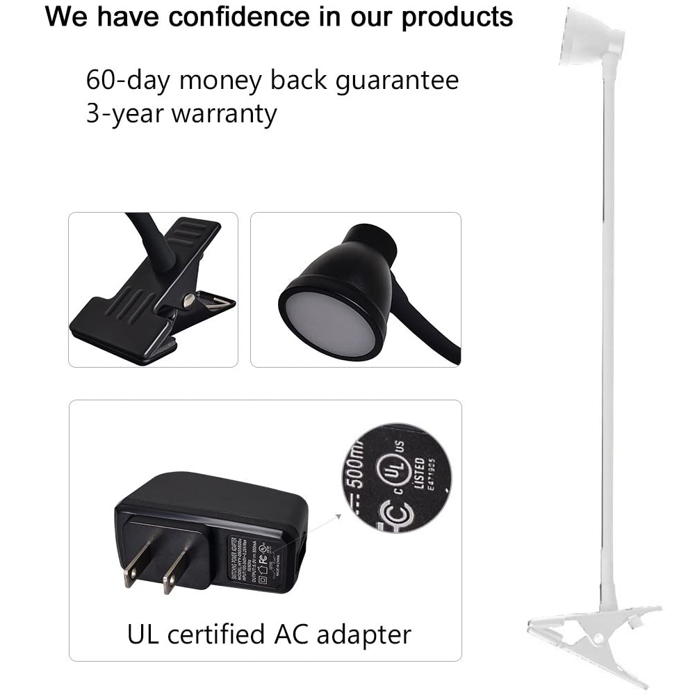Das Bild zeigt eine Klemmlampe, ein AC-Adapter und Garantieangaben. Text sagt: 'Wir vertrauen in unsere Produkte'.