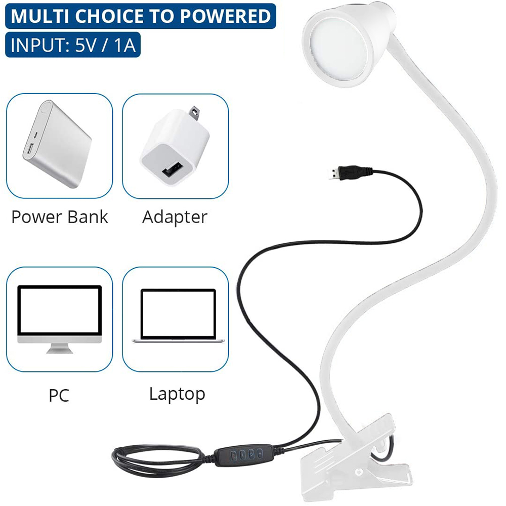 Eine weiße LED-Schreibtischlampe mit Clip. Stromoptionen: Powerbank, Adapter, PC oder Laptop. Die Lampe hat einen flexiblen Hals.