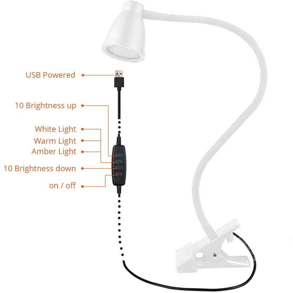 Eine weiße, über USB betriebene Schreibtischlampe mit einstellbarer Helligkeit und Lichtfarbe. Mit einem Clip zur Befestigung.