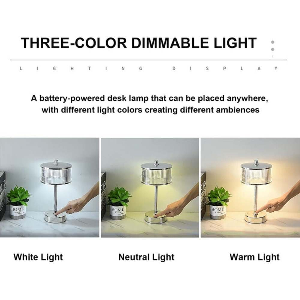 Das Bild zeigt eine dreifarbige, dimmbare Lampe. Sie hat drei Lichteinstellungen: weiß, neutral und warm. Jede Einstellung wird demonstriert.