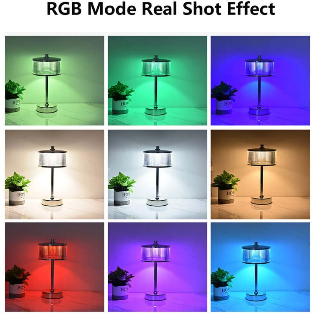 Neun Bilder zeigen eine Lampe mit verschiedenen RGB-Farben. Jedes Bild enthält einen Blumentopf neben der Lampe.