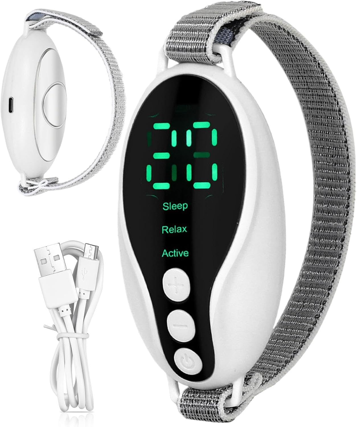 Ein weißer Schlaftracker mit Anzeige 88. Inklusive Armband und USB-Ladekabel. Modi: Schlaf, Entspannen, Aktiv.